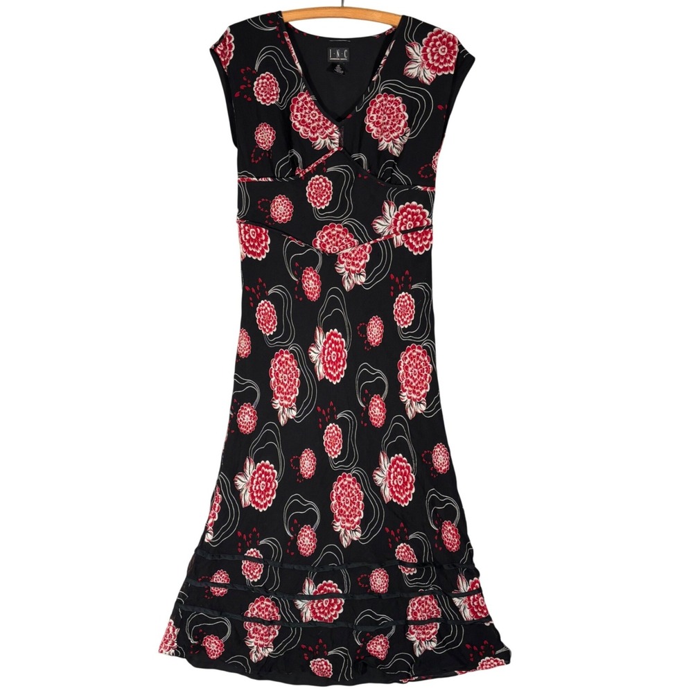 INC Vintage Silk Floral Midi Babydoll Dress Black Red Fit S Y2K Fairy Whimsigoth